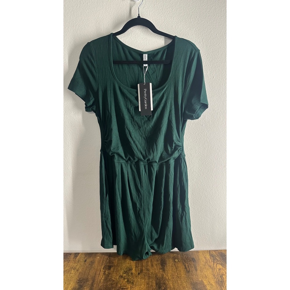 PrettyGarden Women Dark Green Ribbed Knit Short Sleeve Scoop Neck Romper NWT